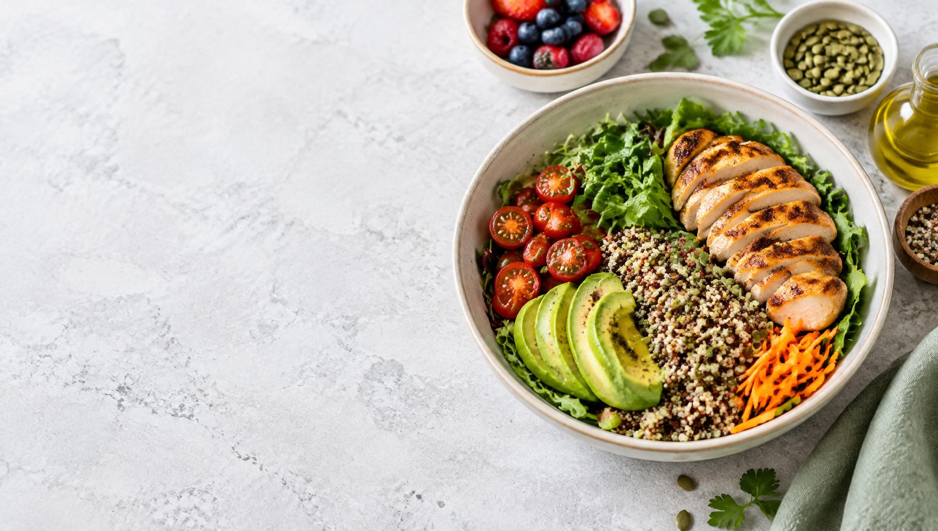 Prato equilibrado com frango grelhado, quinoa, abacate e vegetais frescos